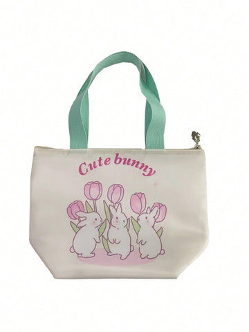 Fashionable Cartoon Rabbit & Flower Design Lunch Tote Bag With Aluminum Foil Insulation