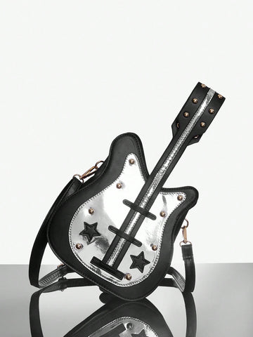 Guitar Shaped Shoulder Bag, Y2K Bag, Street Bag, Silver And Black, Music Bag
