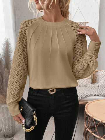 Women Fashionable Classic All-Match Hollow Out Long Sleeve Round Neck Shirt