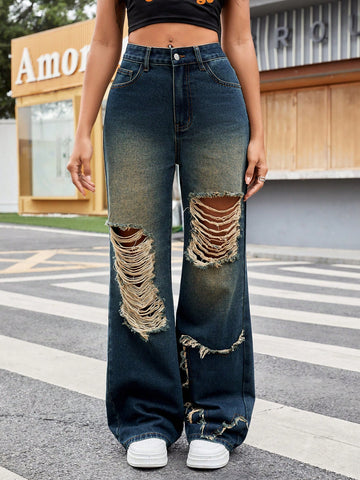 Ladies' Retro Style Frayed Hem Distressed Straight Jeans