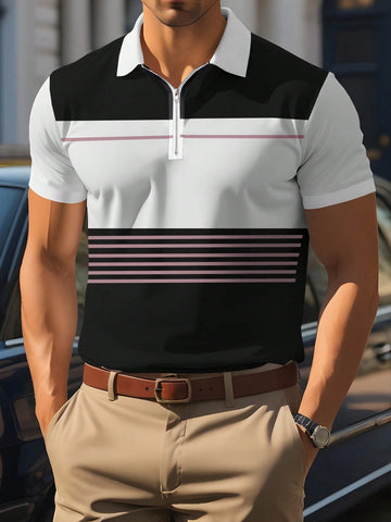 Men's Summer Leisure Half Zipper Polo Shirt With Colorblock