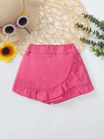 Baby Girl Cute And Simple Pink Ruffle Hem Denim Shorts