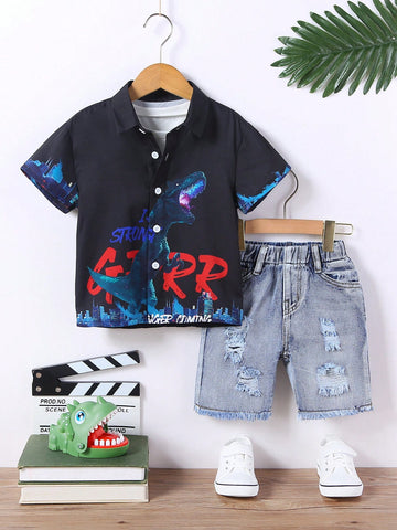 Young Boy Vintage Street-Style Cool  Printed Loose Comfortable Black Short-Sleeve Shirt & All-Elastic Vintage Street-Style Cool Ripped Denim Shorts Two-Piece Set