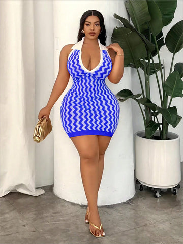 Plus Size Halterneck Sleeveless Sweater Dress With All-Over Print, Sexy Style