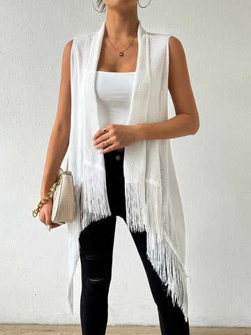 Women Solid Color Casual Fringed Sleeveless Cardigan