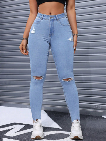 Women's Bodycon Jeans With Pockets & Distressed Design
