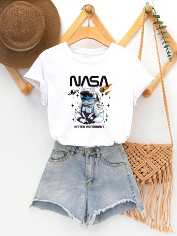 Women Astronaut Letter Print Short Sleeve T-Shirt, Summer