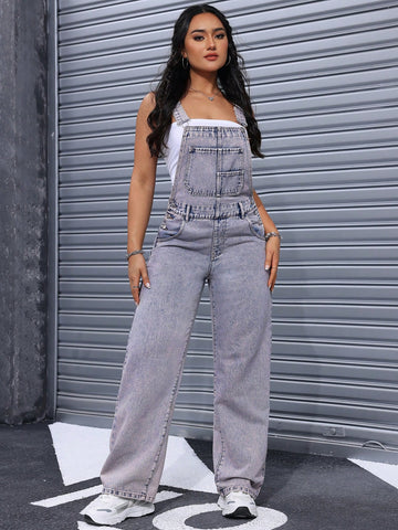 Women Summer Casual Denim Overalls Jumpsuit With Pockets