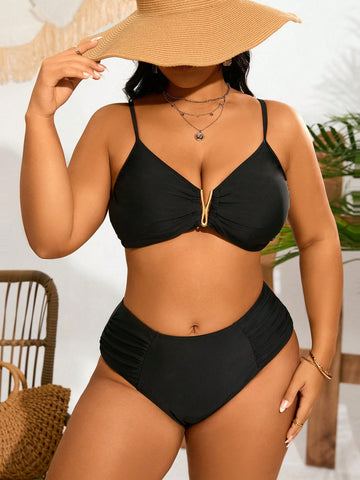 Summer Beach Ladies' Solid Color Simple Plus-Size Swimsuit Set