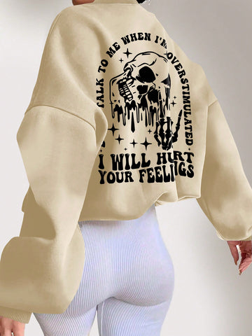 Plus Size Women's Skull Print Oversized Round Neck Sweatshirt With Drop Shoulder And Long Sleeve, Autumn Winter