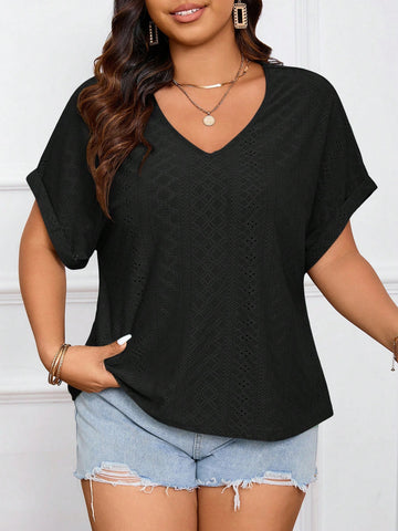 Plus Size Women's Solid Color V-Neck Batwing Short Sleeve Casual T-Shirt For Summer