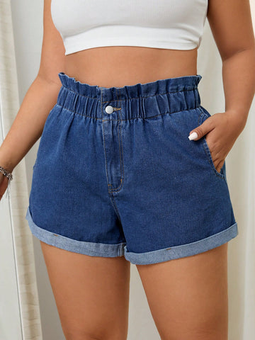 Plus Size Summer Casual Cuffed Basic Denim Shorts