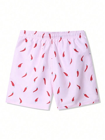Men Elastic Waist Summer Holiday Beach Shorts With Chili Pepper Print