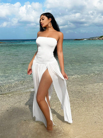 Sexy Maxi High-Slit Mesh Patchwork Pleated Strapless Dress For Vacation