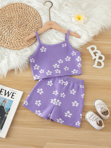 Young Girl Floral Knitted Cami Top And Shorts Set
