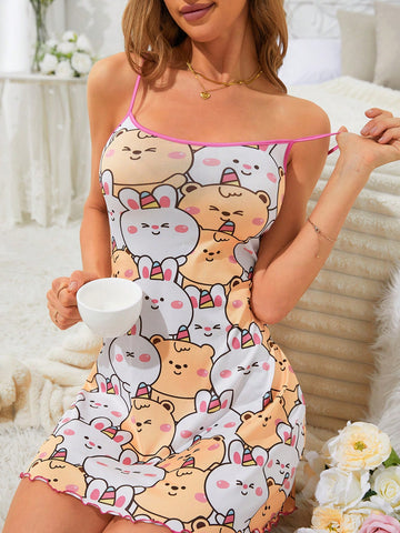 Standard Code Cartoon Animal Pattern Ladies Cami Sleep Dress