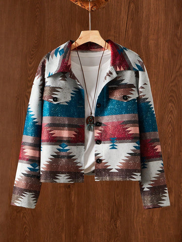 Geometric Printed Loose Fit Button Front Long Sleeve Jacket With Printing And Frayed Cut For Spring And Autumn