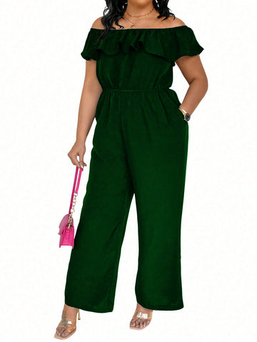 Plus Size Women Summer Solid Color Ruffle Edge Jumpsuit With One Shoulder, Pockets, And Wide Legs