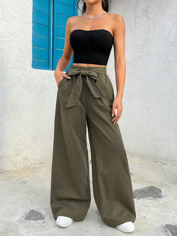 Women Solid Color Tube Top Knit Casual Top With Belted Wide-Leg Pants Set