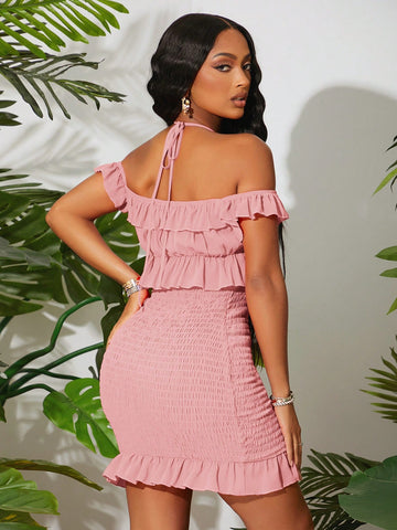 Women Summer Holiday Off-Shoulder Ruffle Trimmed And Strap Tie Bodycon Dress