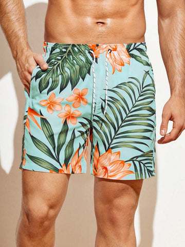 Men's Tropical Print Drawstring Waist Summer Holiday Beach Shorts