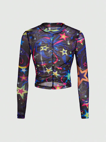 Women Casual Long Sleeve T-Shirt With Round Neck, Pleated Detail And Star Print