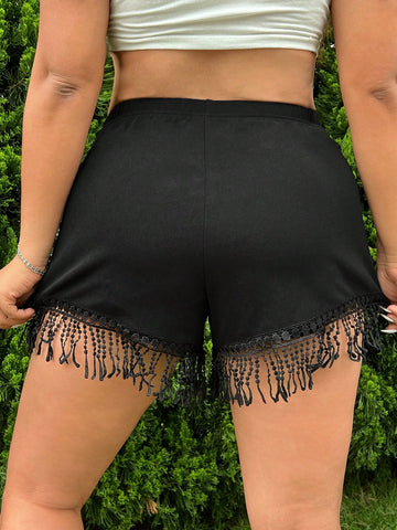Women Plus Size Tassel Lace Hem Knitted Solid Color Shorts