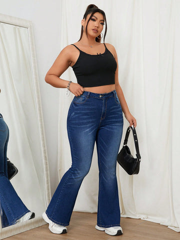 Plus Size Women Flared Jeans For Daily Casual Wear With Pockets