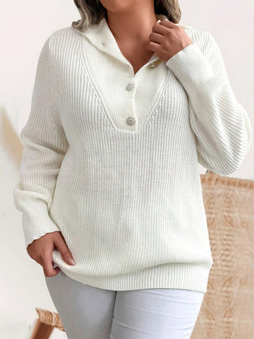 Plus Size Turn-Down Collar Button-Up Casual Sweater Pullover