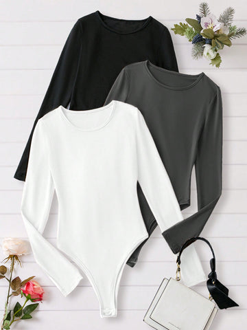 Plus Size Casual Solid Color Long Sleeve Bodysuit