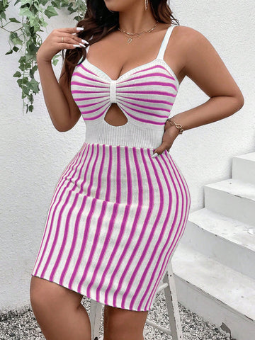 Plus Size Striped Colorblock Knit Halter Bodycon Sundress With Hollow Out Design For Summer Vacation.