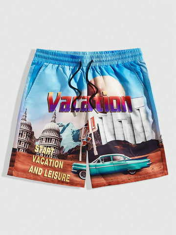 Men Letter And City Landscape Printed Drawstring Shorts, Suitable For Daily Wear In Spring And Summer
