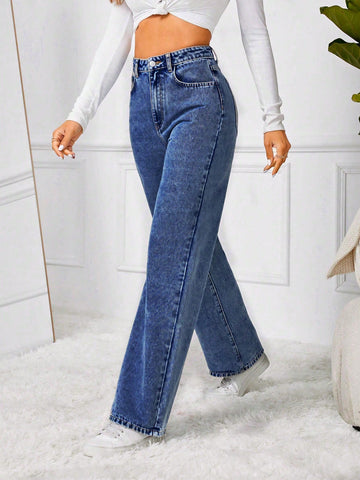 Women Casual Straight Leg Jeans With Pockets