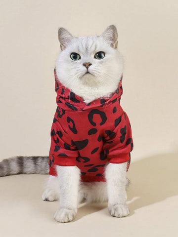 1pc Cute Red & Black Leopard Print Pet Hoodie For Cats And Dogs