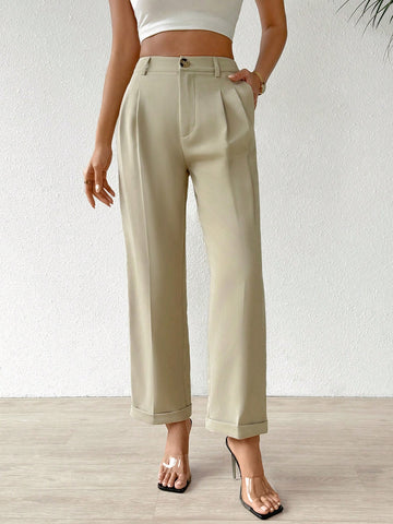 Women Solid Color Casual Pleated Slant Pockets Straight Leg Suit Pants