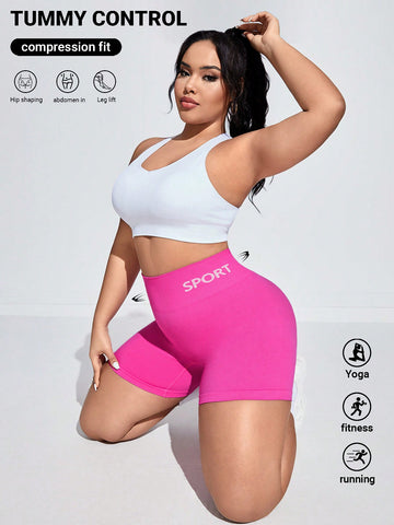 Plus Size Letter Printed High Waist Tummy Control Sporty Stretchy Shorts Legging Shorts