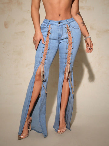 Cross Lace-Up Hollow Out Split Bell Bottom Jeans