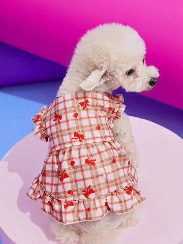 1pc Pink Plaid Dress With Bowknot And Bubble Sleeves For Lovely Pets