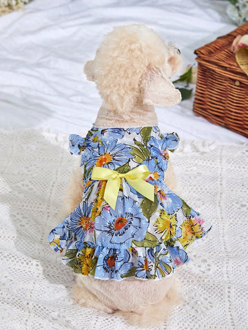 1pc Blue Floral Pet Skirt With Vacation Style