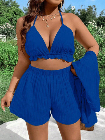 Plus Size Summer Casual Texture Short Sleeve Shirt And Shorts Set