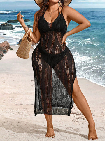 Plus-Size Women Side Slit Hem Crochet Black Sweater Dress With Hollow Out Design And Spaghetti Strap For Vacation Style