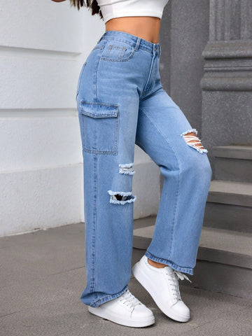 Ladies Solid Color Pocket & Ripped Decor Jeans Simple Daily Wear