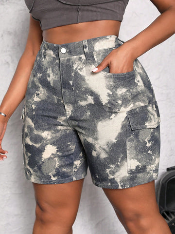 Plus-Size Women Camouflage Cargo Pocket Design Casual Denim Shorts