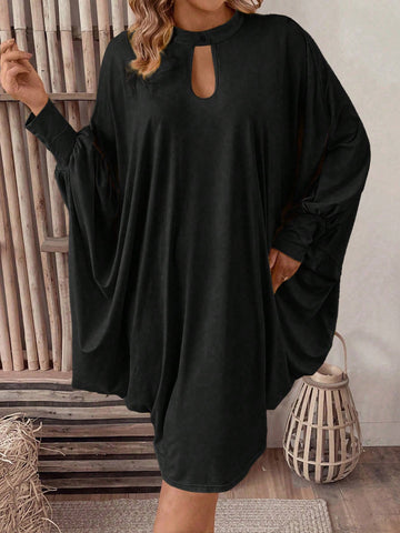 Plus Size Solid Color Batwing Sleeve Hollow Out Neckline Dress For Spring/Summer
