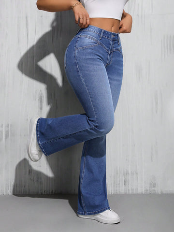 Women Elasticity Denim Bell-Bottoms Casual Pants With Pockets