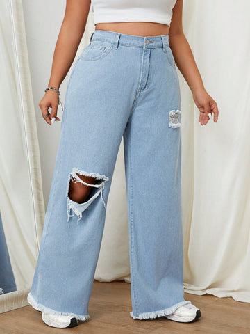 Plus Size Women Fashionable Light-Colored Hole & Fringe Design Straight-Leg Jeans