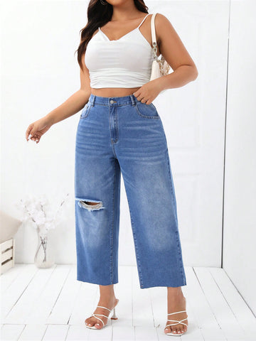 Plus Size Women Distressed Wide Leg Denim Jeans With Pockets