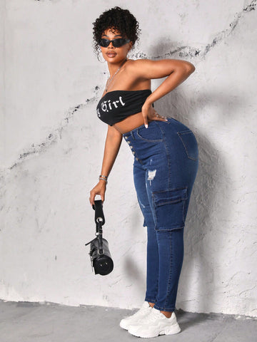 Plus Size Jeans With Ripped Detail, Pocket And High Elasticity