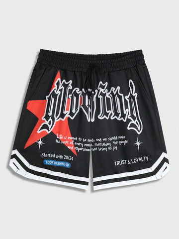 Men Five-Pointed Star And Slogan Print Shorts, Suitable For Daily Wear In Spring And Summer