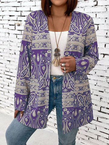 Plus Size Women Holiday Style Paisley Printed Long Sleeve Open Front Coat